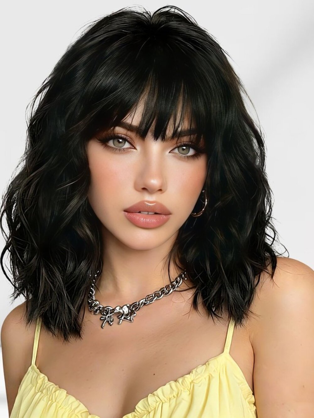 Black Wig with Bangs for Women 16 Inch Wavy Soft Lightweight Wigs
